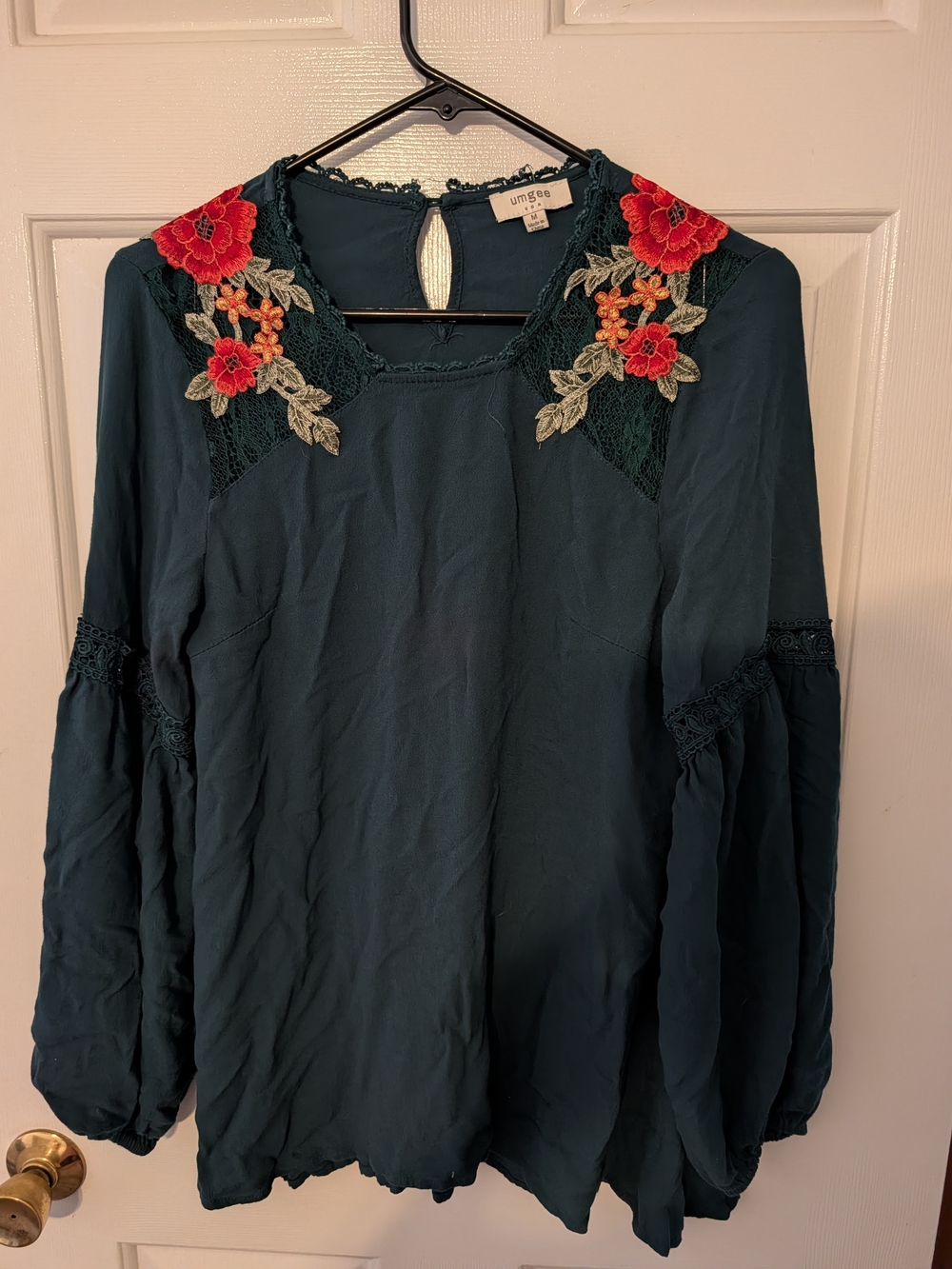 Umgee Teal Blouse with Red Floral Embroidery